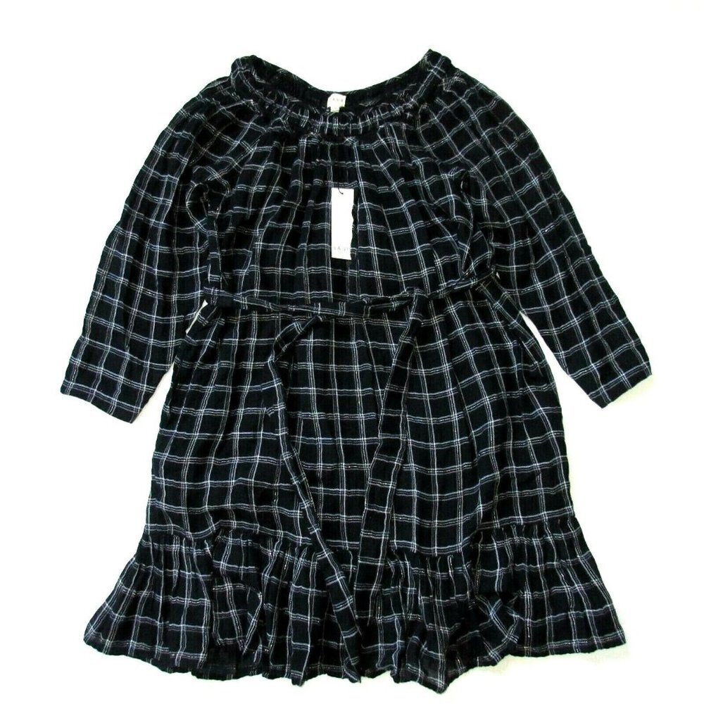 NWT La Vie Rebecca Taylor Lurex Plaid in Black Combo Tie Waist Shift Dress XS